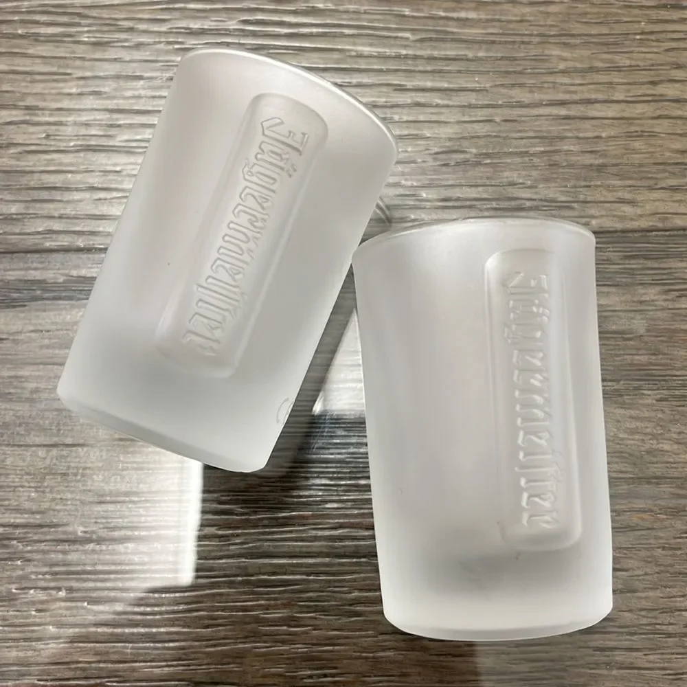 Pair of Embossed Jagermeister Frosted Glass 1 fl. oz Shot Glasses Barware Bar